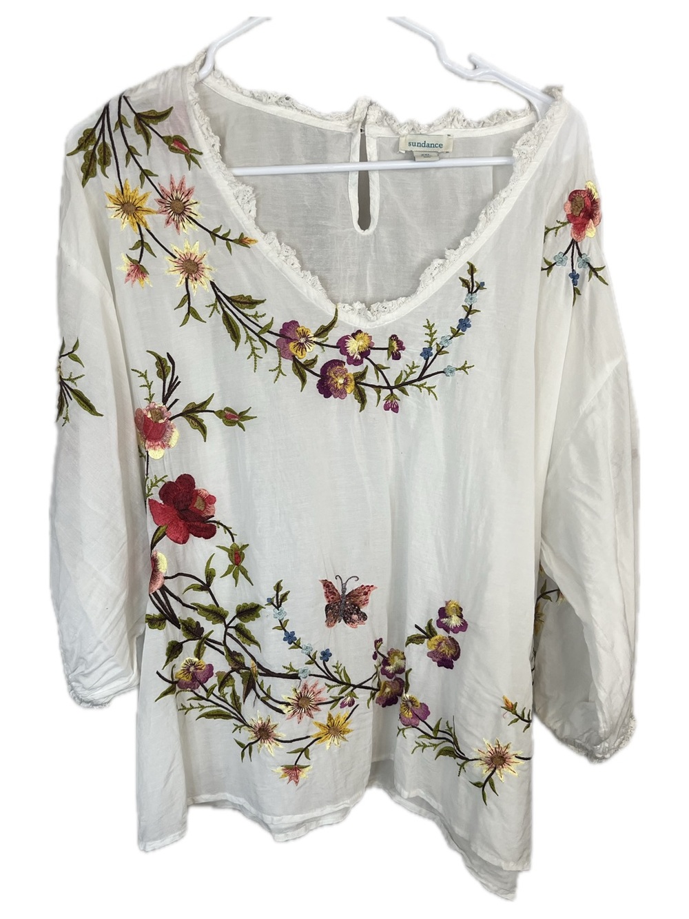 Sundance White Sheer embroidered Boho Floral V-Neck Peasant Blouse